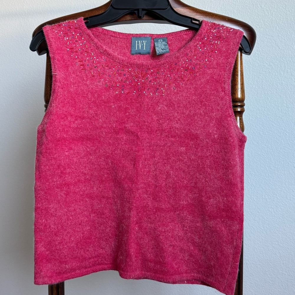 IVY Angora Ramie Blend Beaded Sweater Tank Pink Sleeveless Knit Top M Fall Y2K